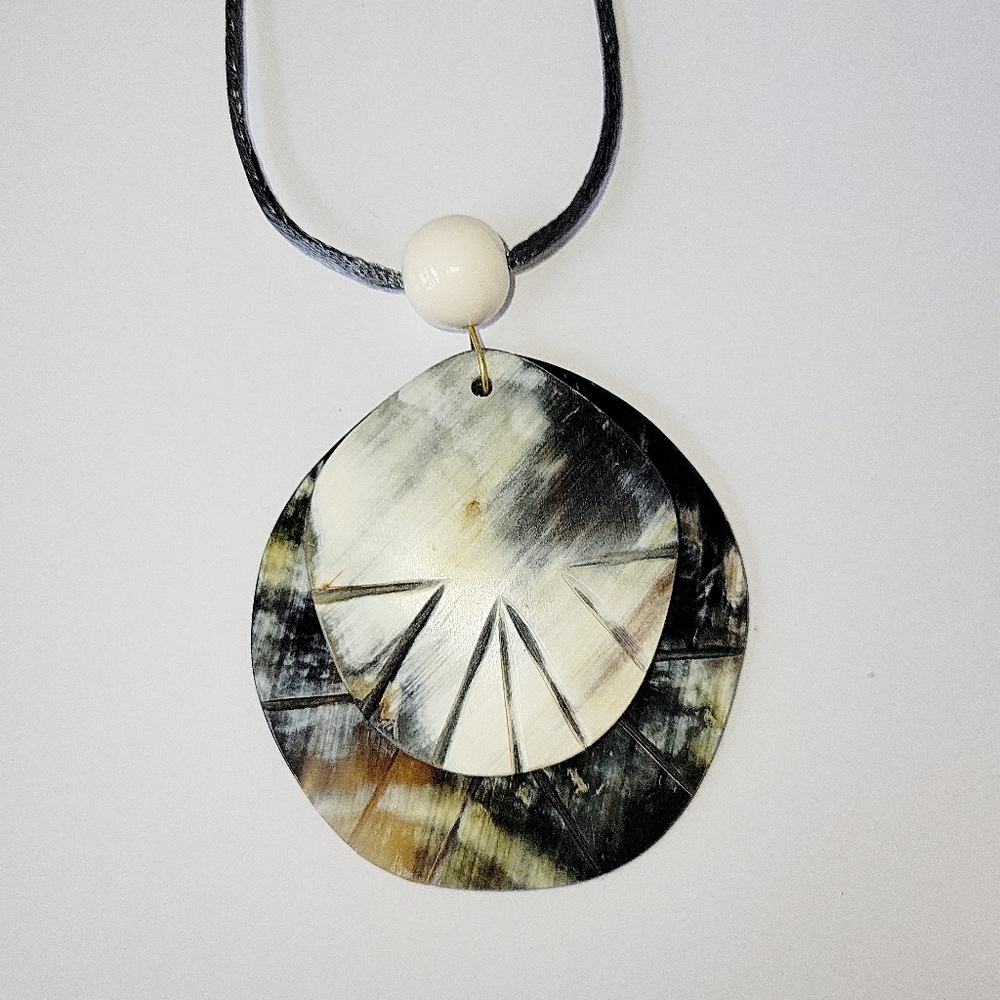 White/Black/Tan Genuine Buffalo Horn 2 Disk Pendant Necklace on Cord